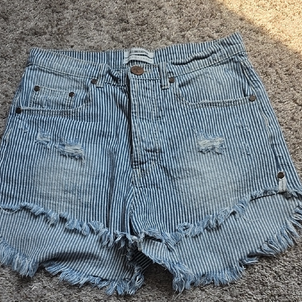 One Teaspoon Blue Striped Distressed Jean Shorts